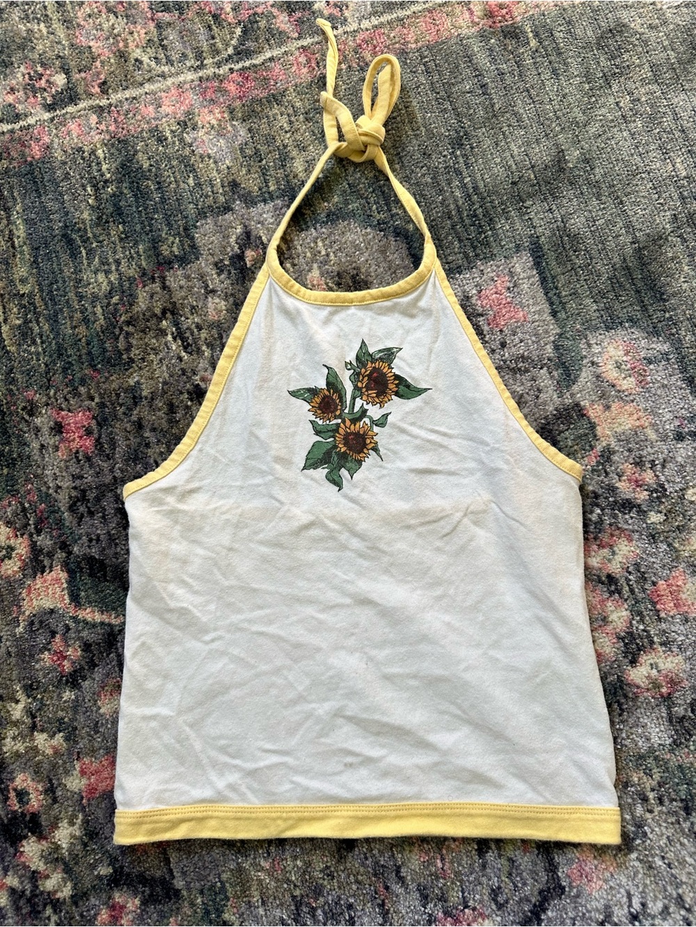 AE Sunflower White Halter Tank Top with Yellow Trim Medium Cutesy Summer Vibes